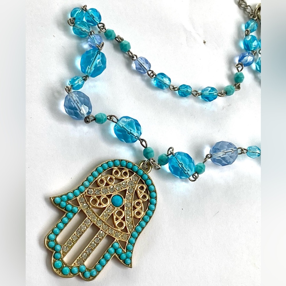 Hamsa Fatima hand namaste blue crystal rhinestone yoga peace beaded necklace
